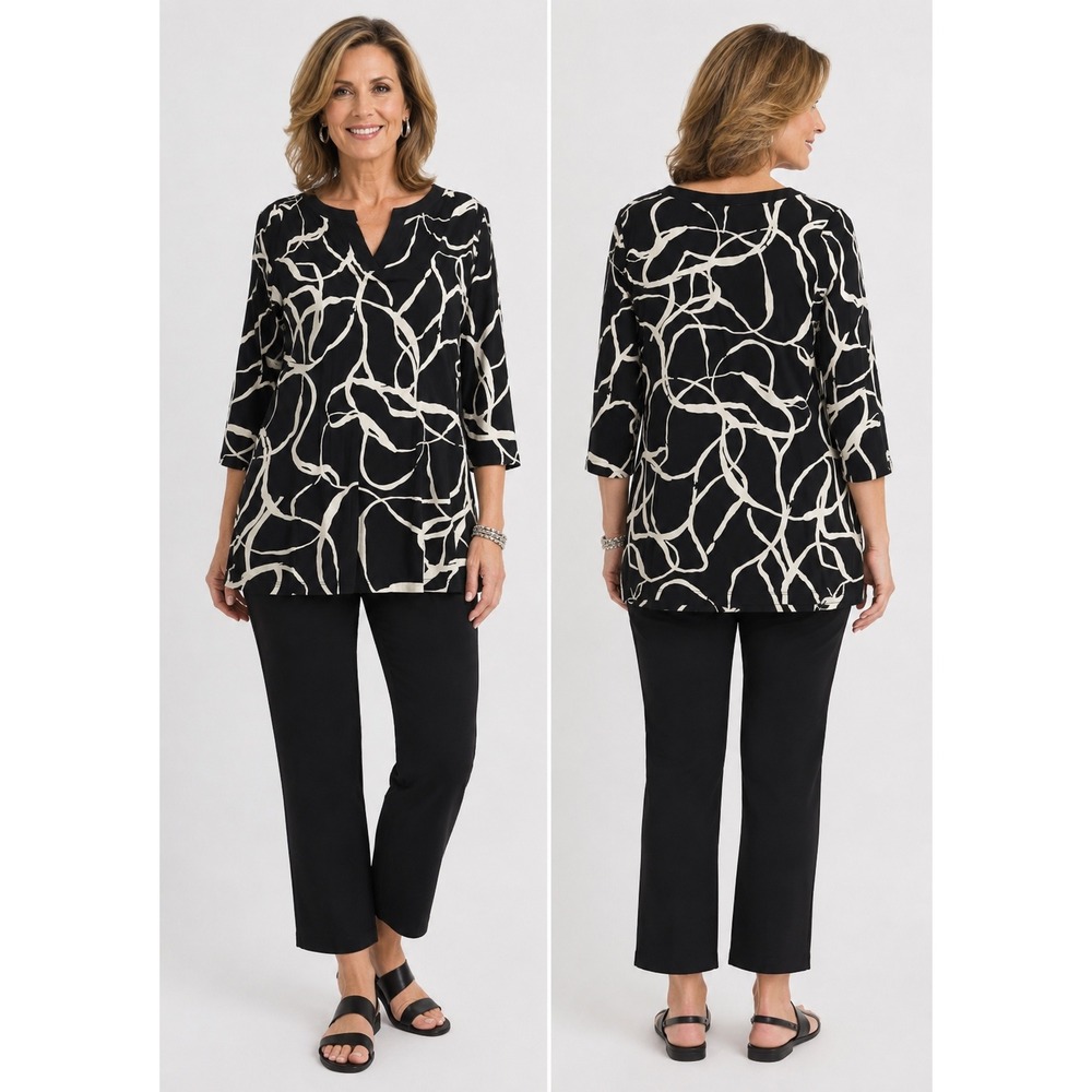 Chicos Travelers Womens Size Small Black Cream Abstract V Neck Tunic Top